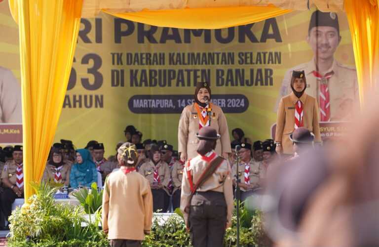 Hj. Raudatul Jannah Pimpin Peringatan Hari Pramuka ke-63 Tingkat Provinsi Kalsel di Kabupaten Banjar