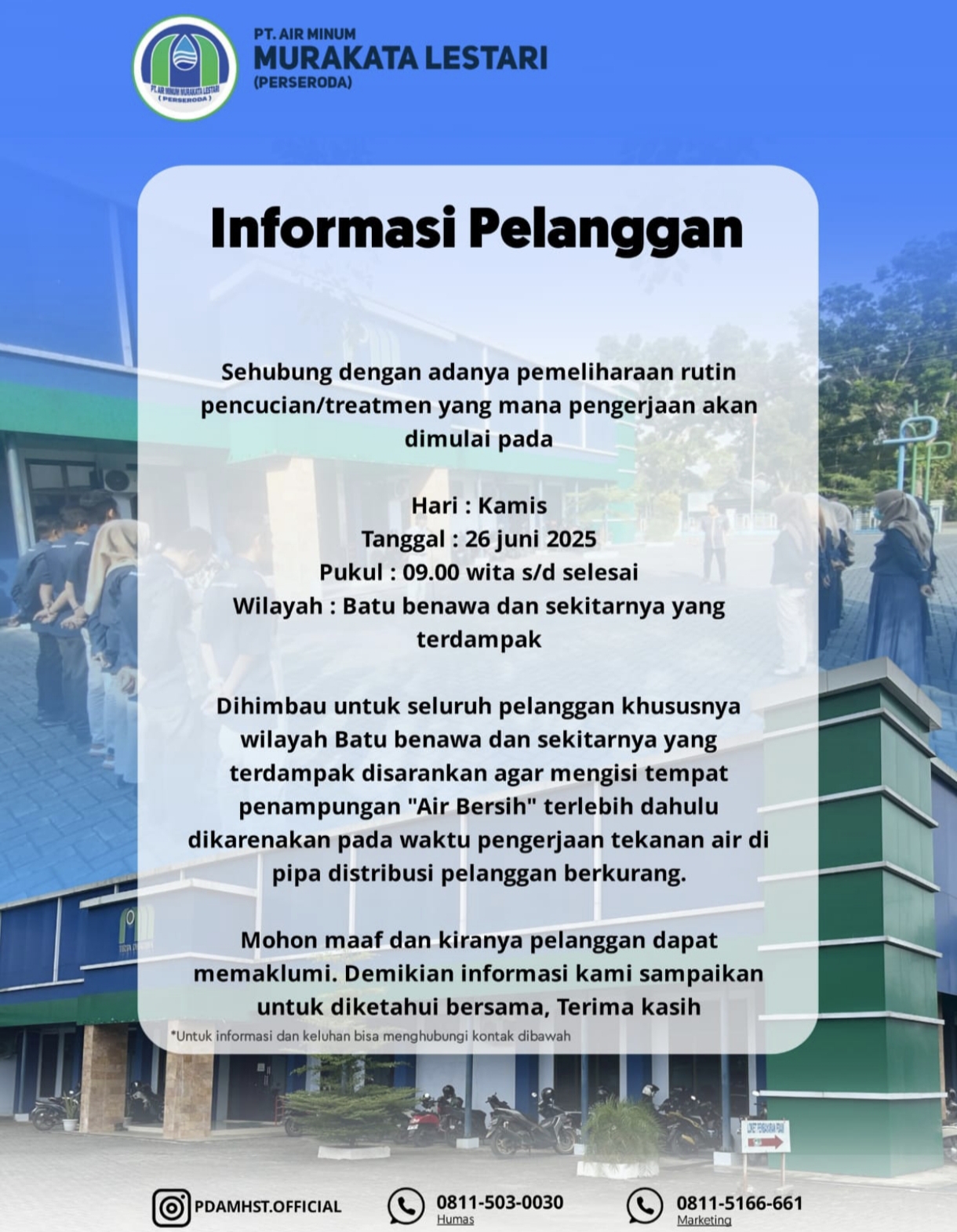 PT AMML Lakukan Pemeliharaan di Wilayah Batu Benawa, Pelanggan Disarankan Isi Air Bersih