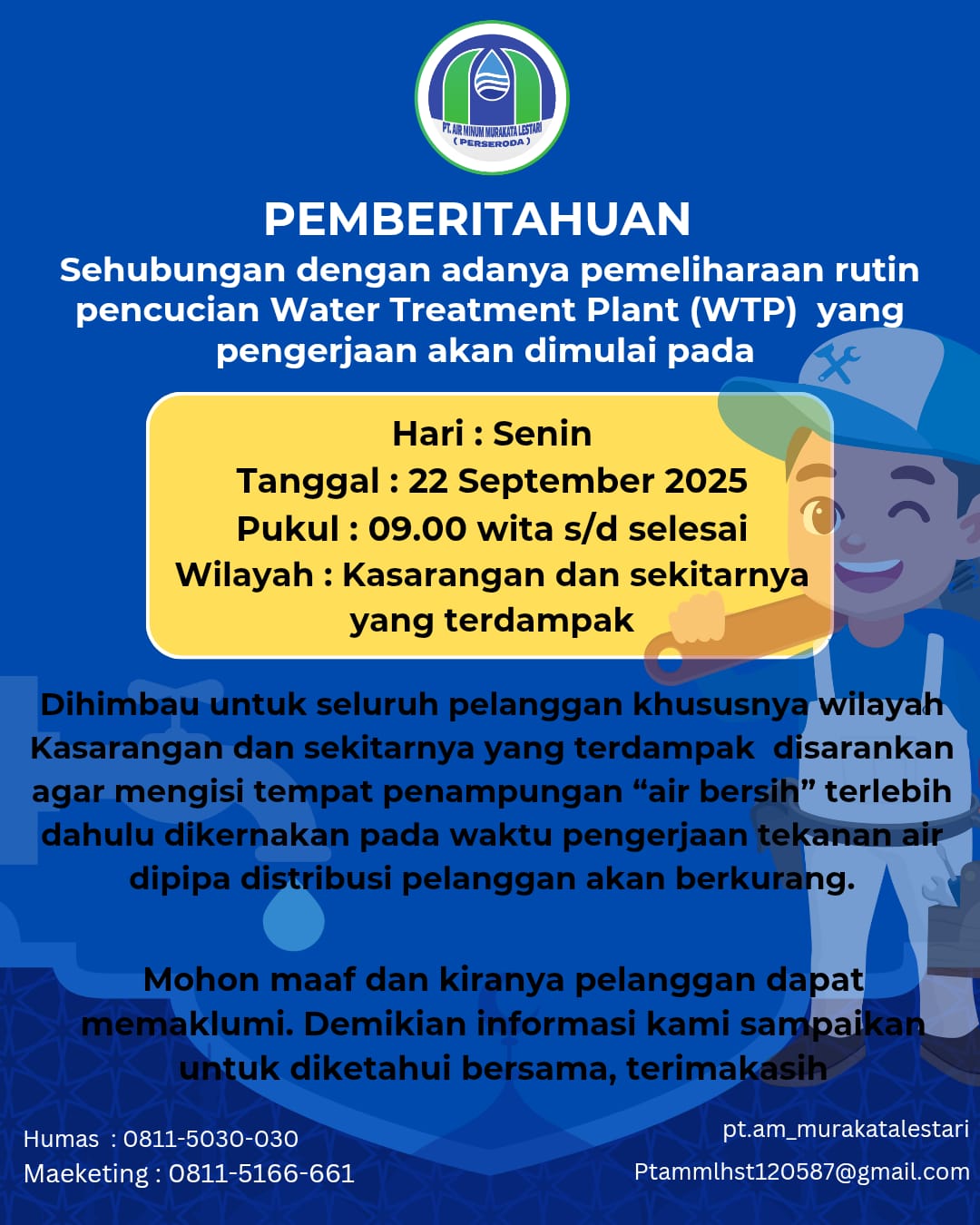 Jaga Kualitas Air Bersih, PTAM Murakata Lestari Lakukan Pemeliharaan Rutin WTP